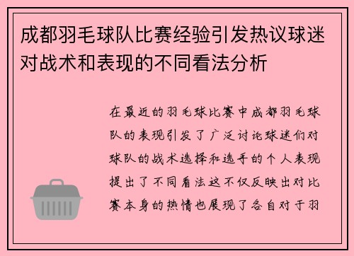 成都羽毛球队比赛经验引发热议球迷对战术和表现的不同看法分析